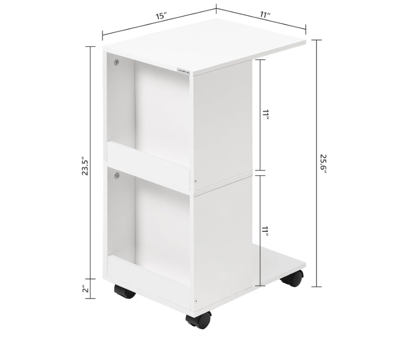 C-Shaped End Table, Side Side for Small Spaces, Narrow Nightstand with Wheels