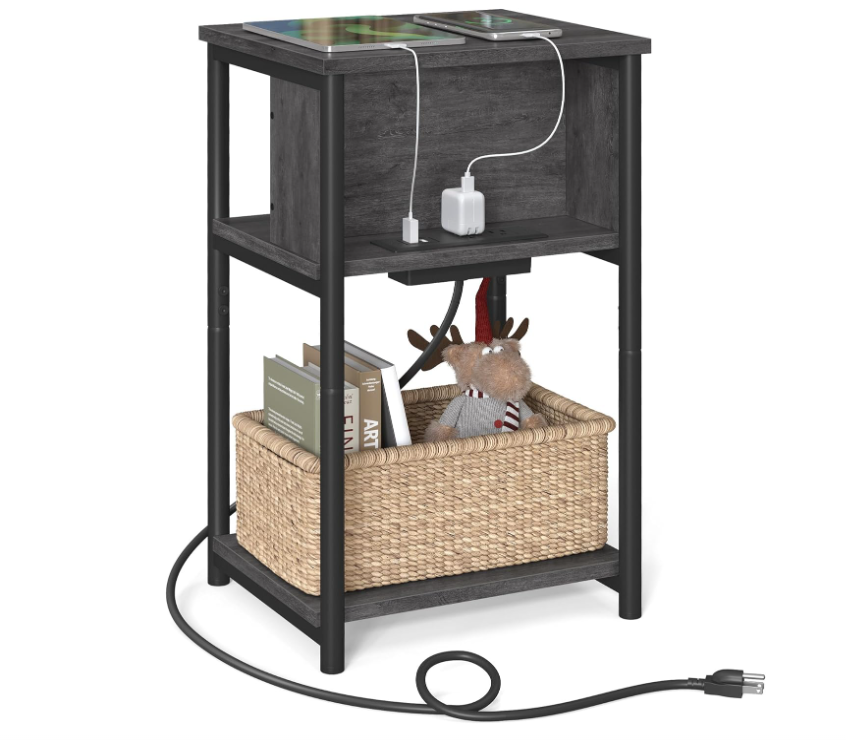 Side Table with Charging Station, 3-Tier End Table with USB Ports and Outlets, Nightstand for Living Room, Bedroom, 11.8 x 13.4 x 22.8 Inches, Plug-in Series, Misty Gray and Black