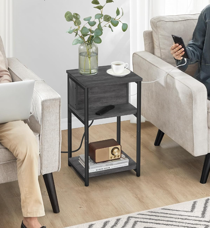 Side Table with Charging Station, 3-Tier End Table with USB Ports and Outlets, Nightstand for Living Room, Bedroom, 11.8 x 13.4 x 22.8 Inches, Plug-in Series, Misty Gray and Black