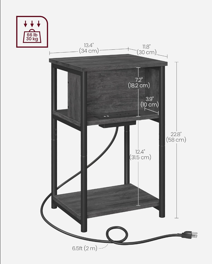 Side Table with Charging Station, 3-Tier End Table with USB Ports and Outlets, Nightstand for Living Room, Bedroom, 11.8 x 13.4 x 22.8 Inches, Plug-in Series, Misty Gray and Black
