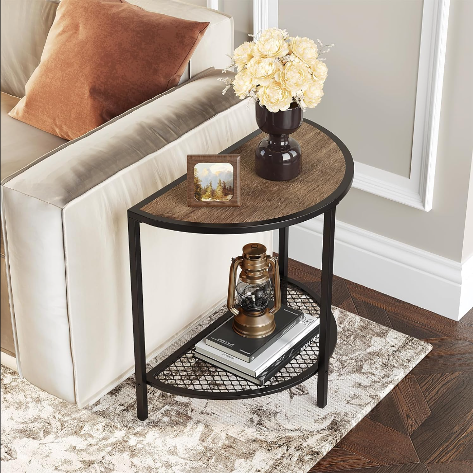 Side Tables Small End Tables Half Round Moon Night Stand for Living Bed Room 2 Tier Couch Tables with Black Metal Storage Shelf Adjustable Feet, Boho Dark Walnut