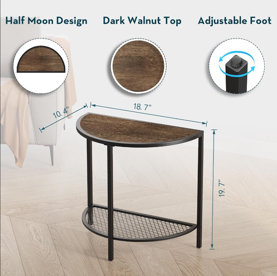 Side Tables Small End Tables Half Round Moon Night Stand for Living Bed Room 2 Tier Couch Tables with Black Metal Storage Shelf Adjustable Feet, Boho Dark Walnut