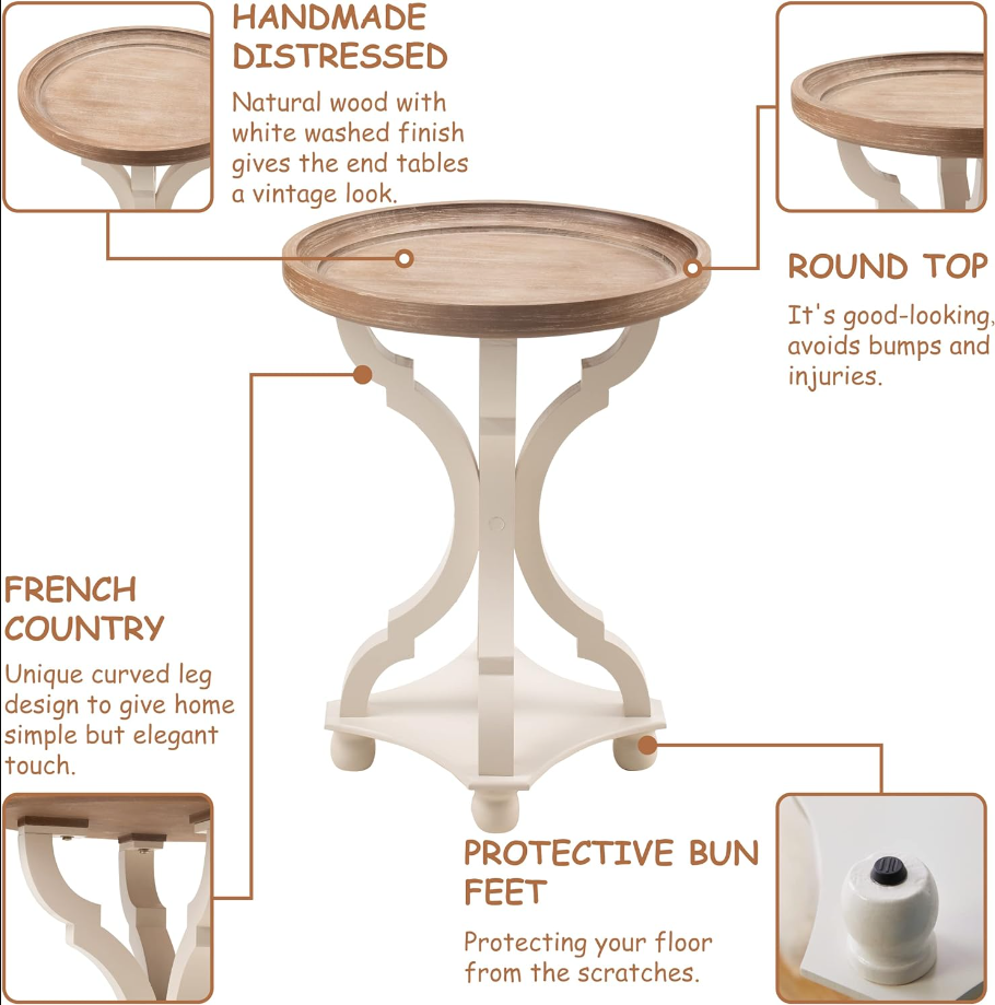 Rustic Farmhouse Cottagecore Accent End Table, Natural Tray Top Side Table Nightstand for Family