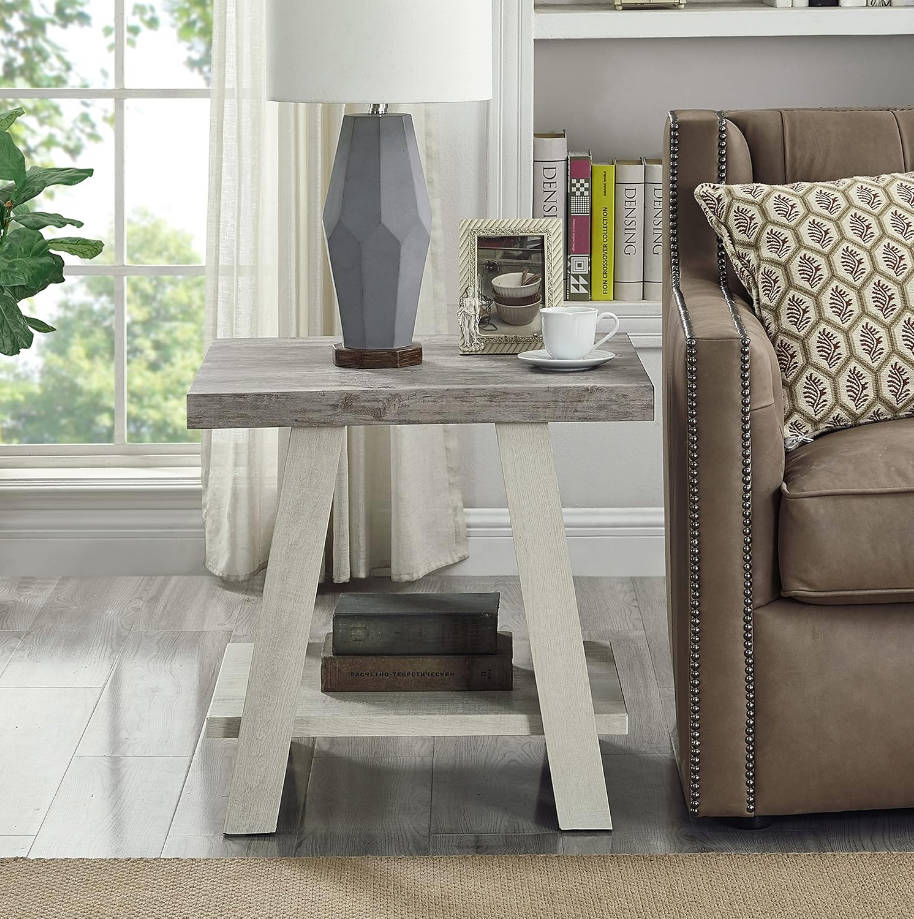 Athens Contemporary Two-Tone Wood Shelf End Table, Weathered Gray and Beige