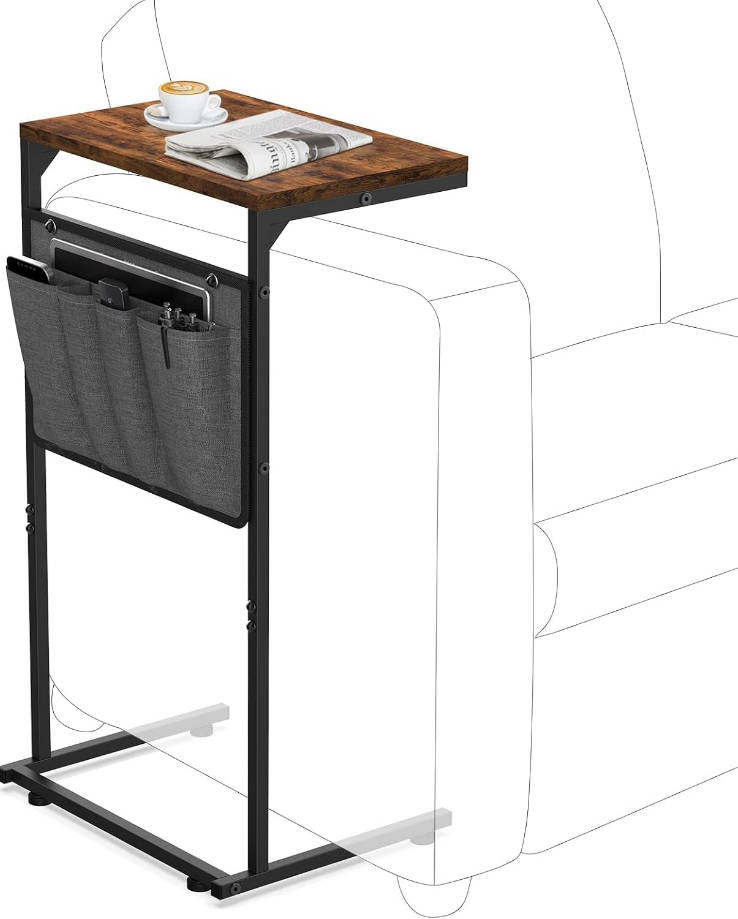 C Shaped End Table, Small Side Table for Couch and Recliner, Slide Under Sofa Tray Desk with Storage Bag for Living Room and Bedroom, Rustic Brown