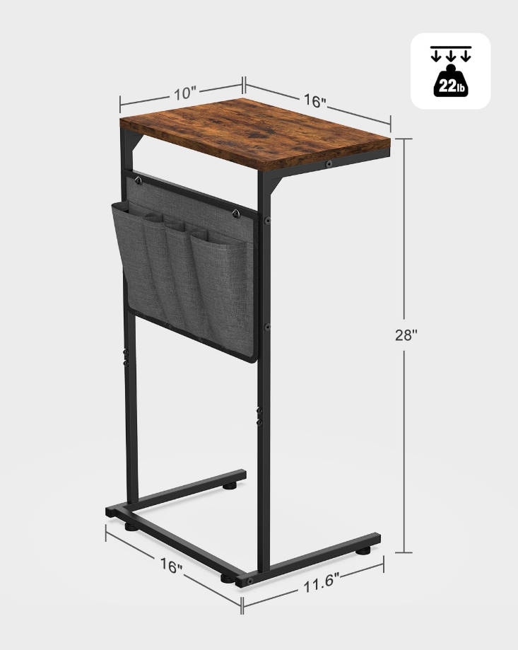 C Shaped End Table, Small Side Table for Couch and Recliner, Slide Under Sofa Tray Desk with Storage Bag for Living Room and Bedroom, Rustic Brown