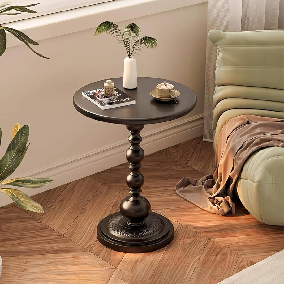 Metal Small End Table,Vintage Matte Black Round Side Table Nightstand for Bedside or Sofa,Small Accent Pedestal Table for Living Room Corners Bedroom Patio and bar (Matte Black)