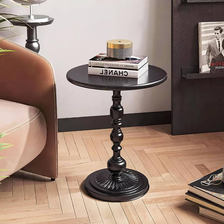 Metal Small End Table,Vintage Matte Black Round Side Table Nightstand for Bedside or Sofa,Small Accent Pedestal Table for Living Room Corners Bedroom Patio and bar (Matte Black)