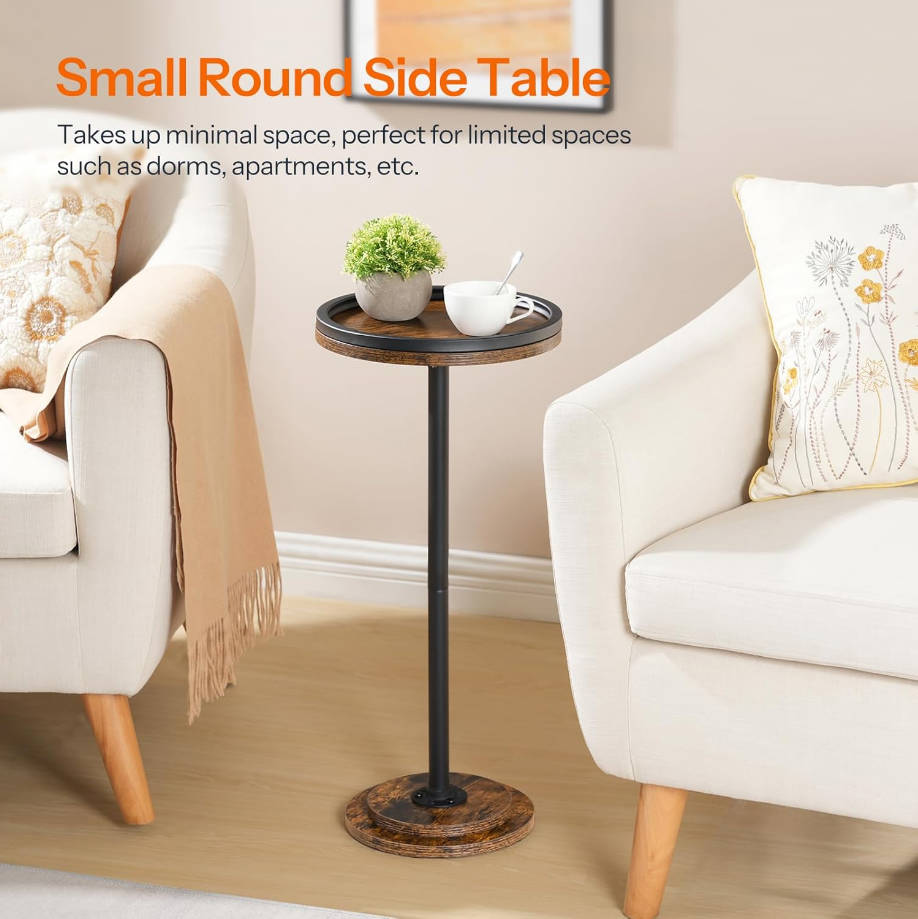 Small Side End Table, Drink Table, Round Coffee Martini Table with Pedestal for Small Spaces in Living Room, Bedroom, Sofa Couch, Rustic Brown