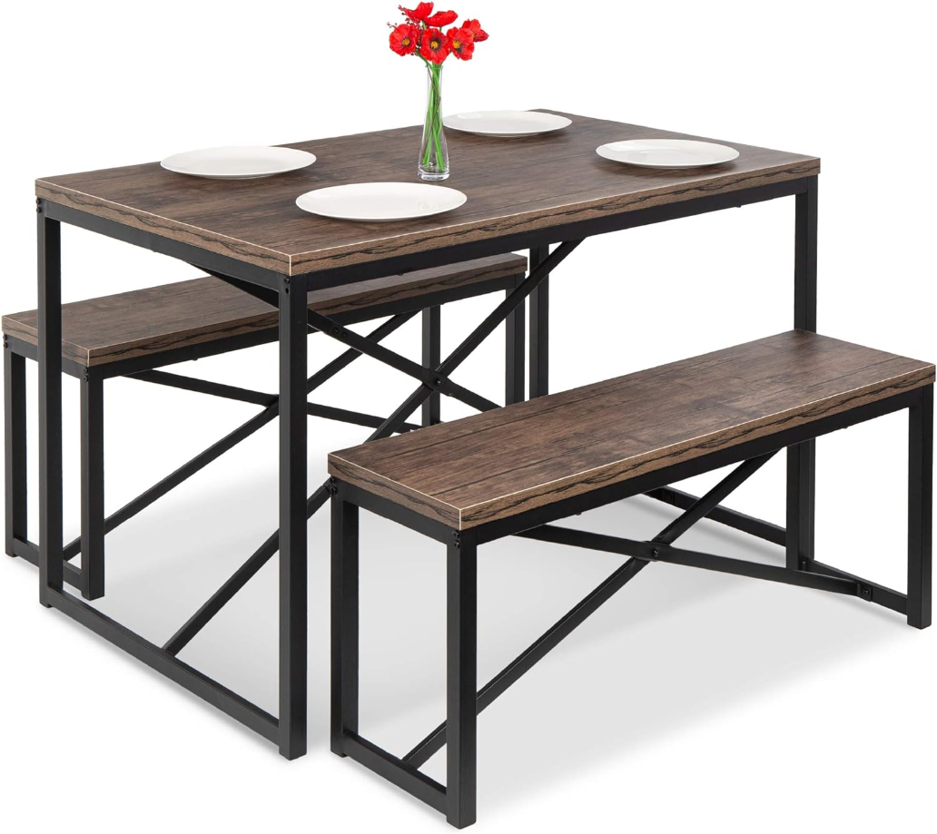 45.5in 3-Piece Bench Style Dining Furniture Set, 4-Person Space-Saving Dinette for Kitchen, Dining Room w 2 Benches, Table - BrownBlack