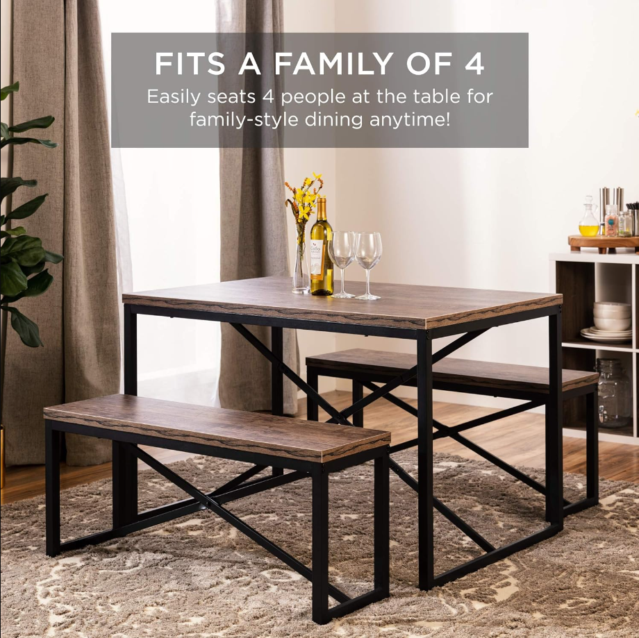 45.5in 3-Piece Bench Style Dining Furniture Set, 4-Person Space-Saving Dinette for Kitchen, Dining Room w 2 Benches, Table - BrownBlack