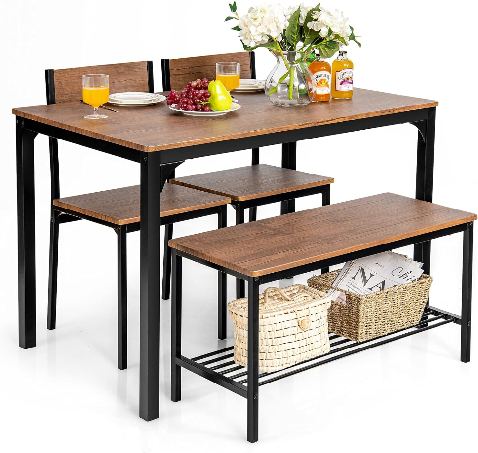 Dining Table Set for 4, Kitchen Table with Bench and Chairs, Industrial Gathering Bench Dining Set WMetal Frame & Storage Rack, Dinette Set, Modern Functional Desk Set (Teak)