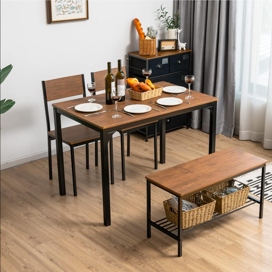 Dining Table Set for 4, Kitchen Table with Bench and Chairs, Industrial Gathering Bench Dining Set WMetal Frame & Storage Rack, Dinette Set, Modern Functional Desk Set (Teak)
