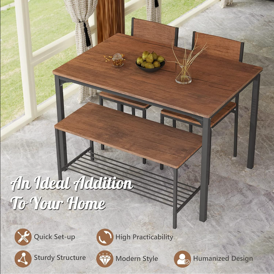 Dining Table Set for 4, Kitchen Table with Bench and Chairs, Industrial Gathering Bench Dining Set WMetal Frame & Storage Rack, Dinette Set, Modern Functional Desk Set (Teak)
