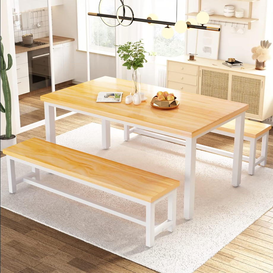 Dining Room Table Set, Kitchen Set with 2 Benches, Ideal for Home, and Room, Breakfast of 43.3x23.6x28.5 inches, Benches 38.5x11.8x17.5