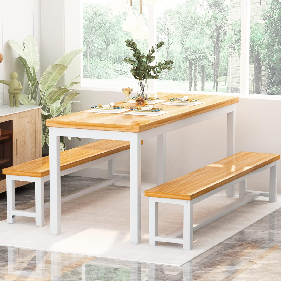 Dining Room Table Set, Kitchen Set with 2 Benches, Ideal for Home, and Room, Breakfast of 43.3x23.6x28.5 inches, Benches 38.5x11.8x17.5