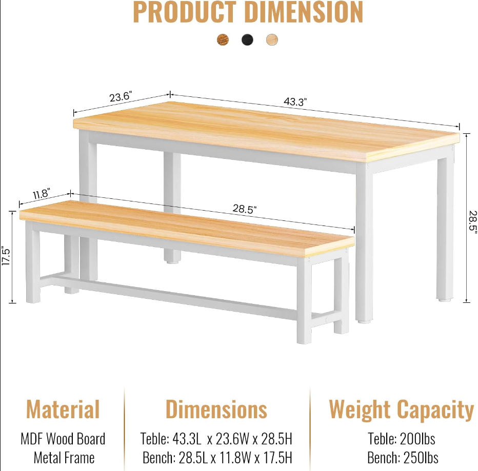 Dining Room Table Set, Kitchen Set with 2 Benches, Ideal for Home, and Room, Breakfast of 43.3x23.6x28.5 inches, Benches 38.5x11.8x17.5