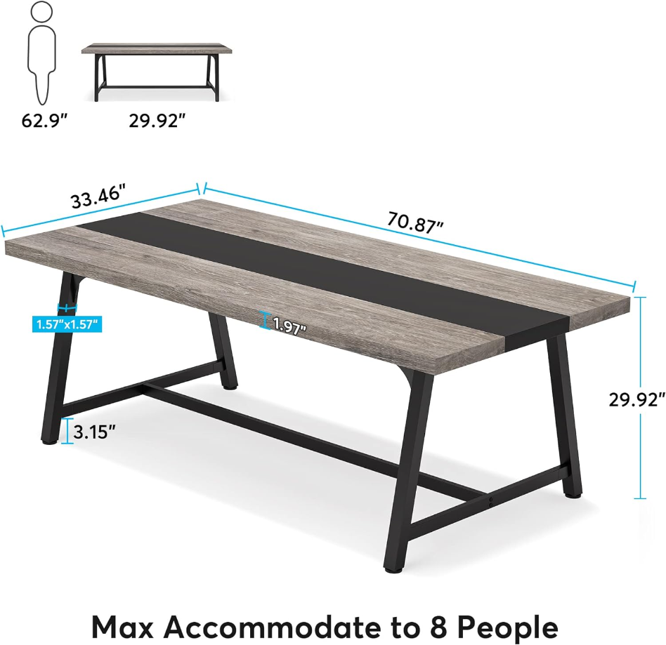Dining Table for 8 People, 70.87-inch Rectangular Wood Kitchen Table with Strong Metal Frame, Industrial Large Long Dining Room Table for Big Family (Gray)