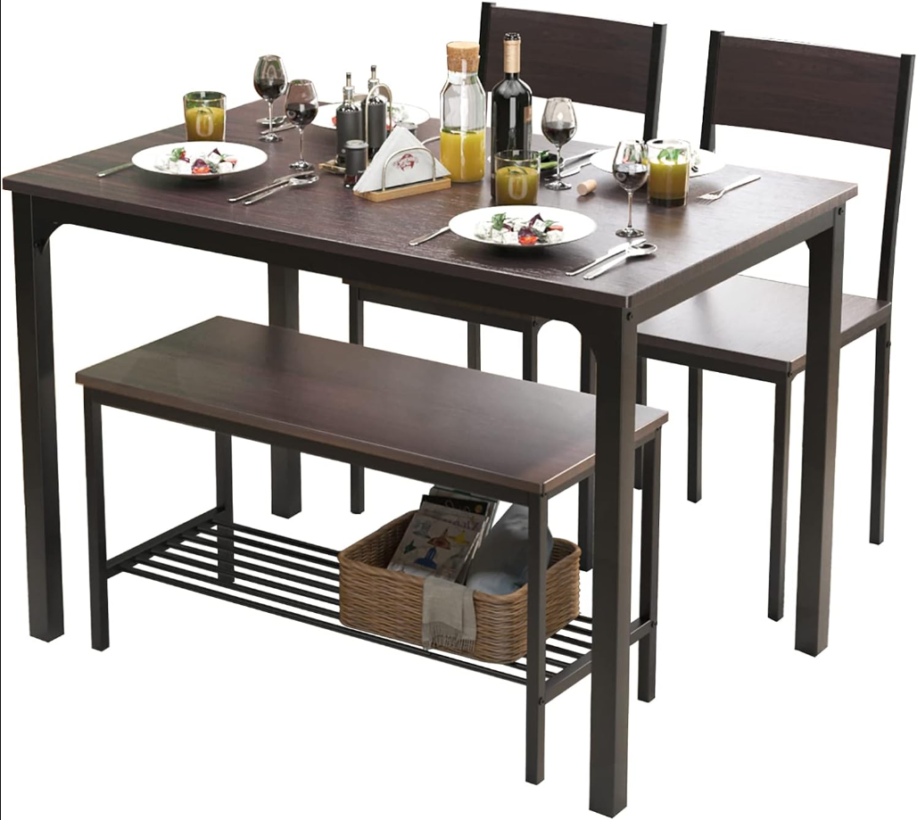 4 Person Dining Table Set,43.3 inch Kitchen Table Set for 4,2 Chairs with Backrest,2-Person Bench with Storage Rack,Nesting Furniture Set for Dining Room and Restaurant, Rustic Oak