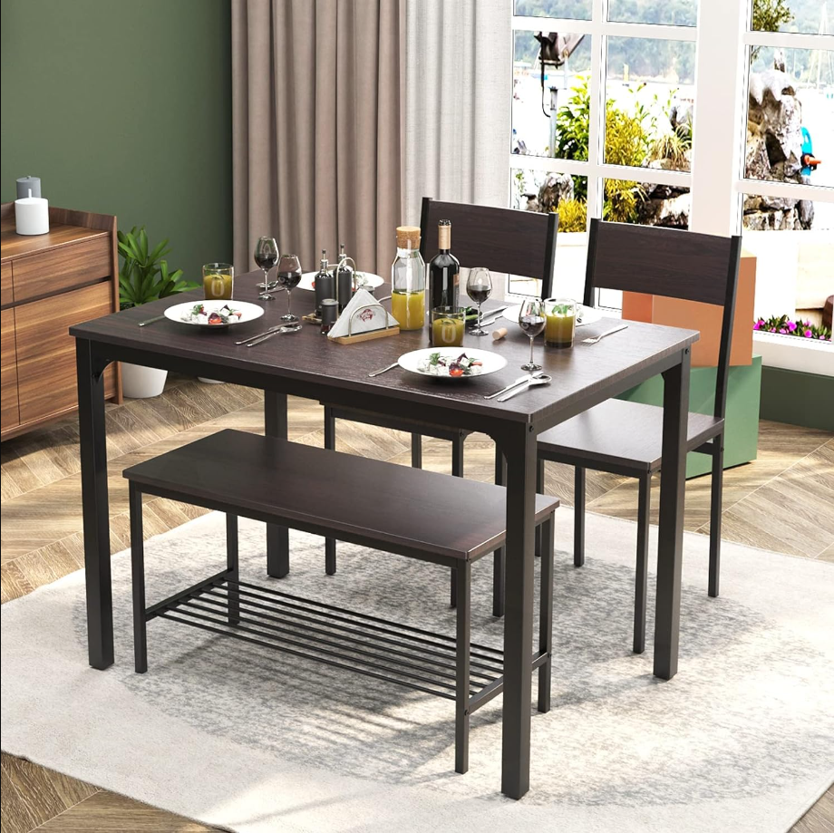4 Person Dining Table Set,43.3 inch Kitchen Table Set for 4,2 Chairs with Backrest,2-Person Bench with Storage Rack,Nesting Furniture Set for Dining Room and Restaurant, Rustic Oak