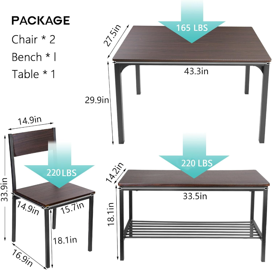 4 Person Dining Table Set,43.3 inch Kitchen Table Set for 4,2 Chairs with Backrest,2-Person Bench with Storage Rack,Nesting Furniture Set for Dining Room and Restaurant, Rustic Oak