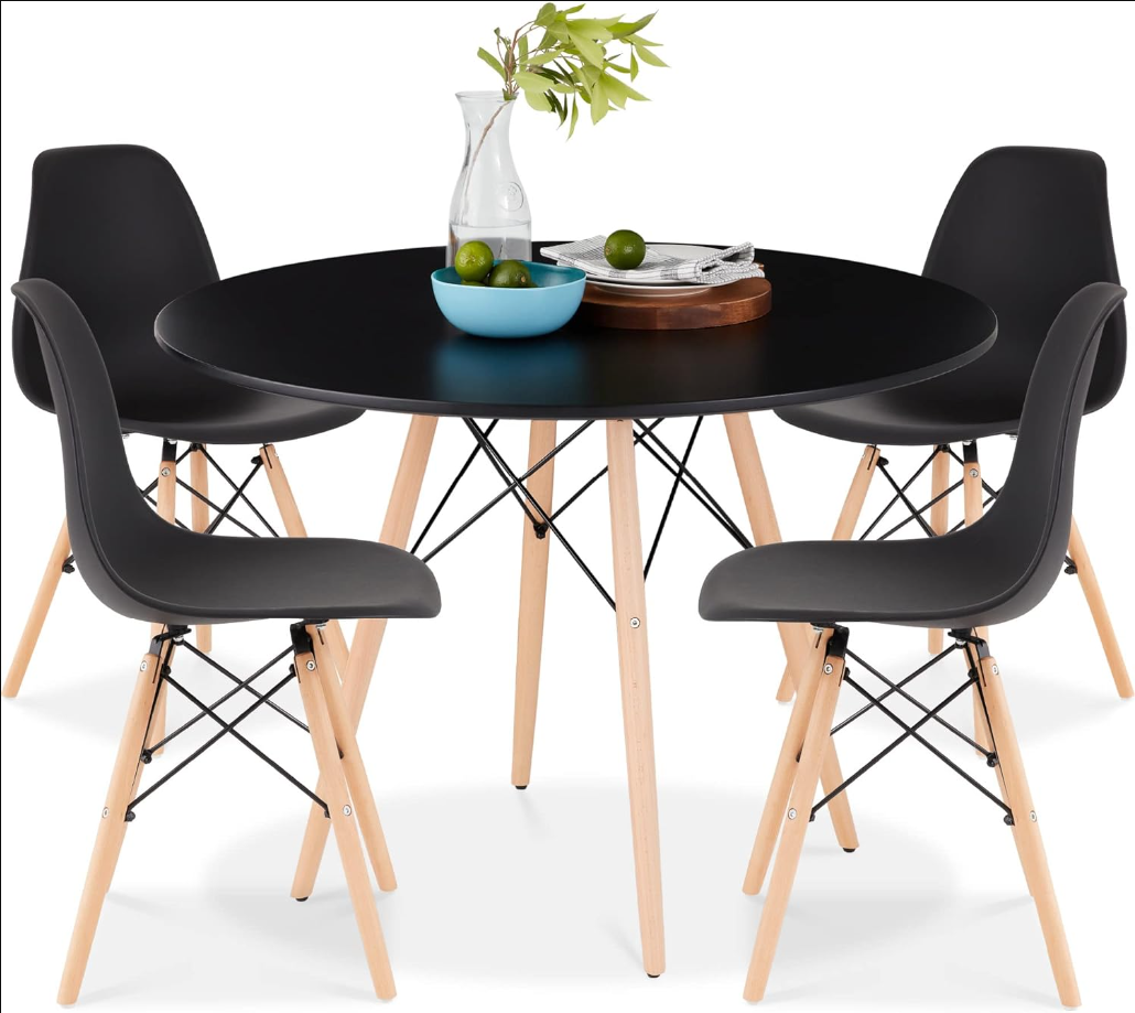 5-Piece Dining Set, Compact Mid-Century Modern Table & Chair Set for Home, Apartment w/ 4 Chairs, Plastic Seats, Wooden Legs, Metal Frame - Brown/Black