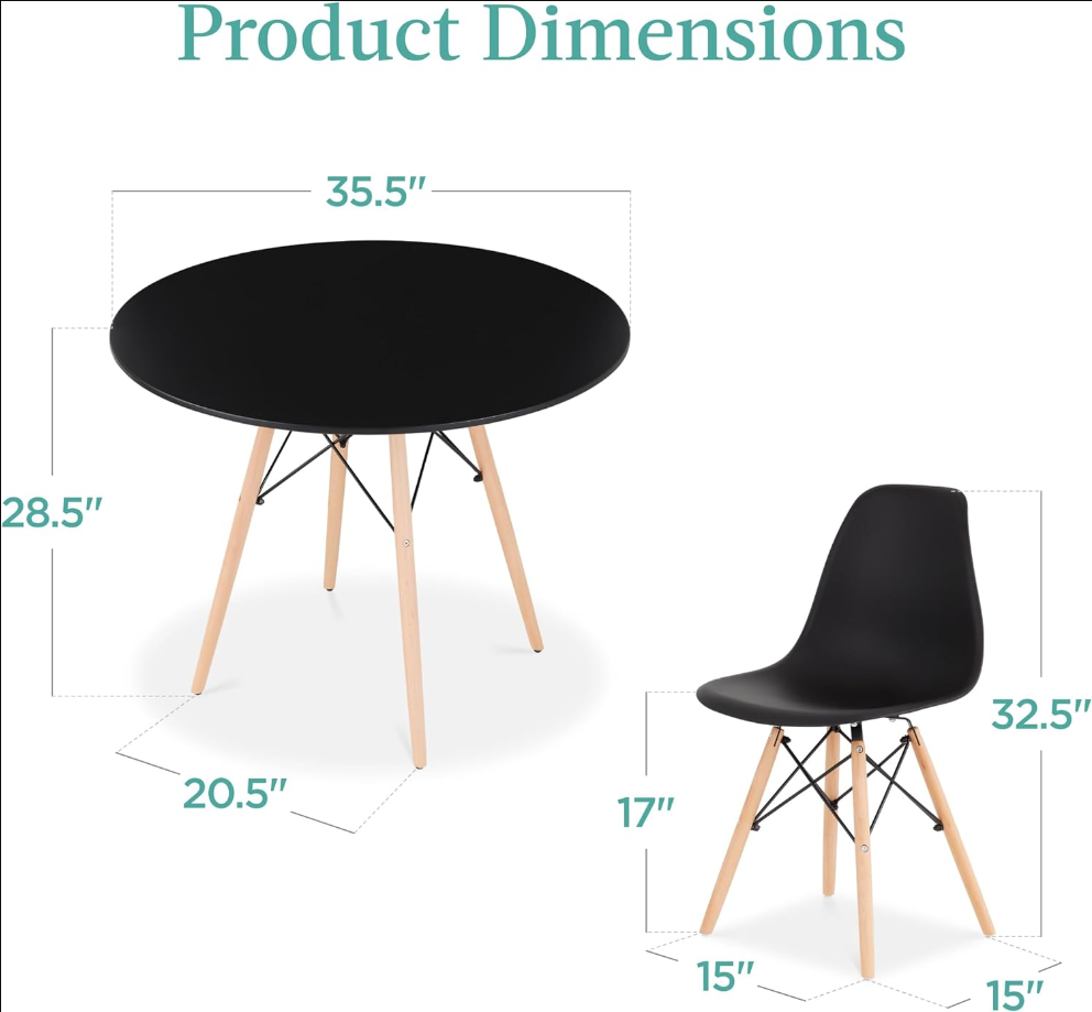 5-Piece Dining Set, Compact Mid-Century Modern Table & Chair Set for Home, Apartment w/ 4 Chairs, Plastic Seats, Wooden Legs, Metal Frame - Brown/Black