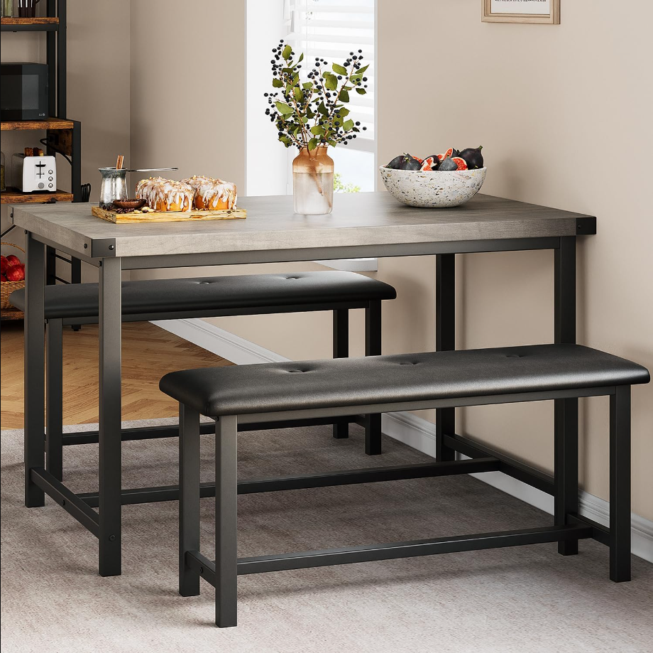 Kitchen Table with Benches, Dining Table Set for 4, Rectangular Dining Room Table Set with 2 Upholstered Benches, 3 Piece Kitchen Table Set for Small Space, Apartment, Studio, Retro Gray