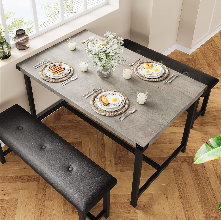 Kitchen Table with Benches, Dining Table Set for 4, Rectangular Dining Room Table Set with 2 Upholstered Benches, 3 Piece Kitchen Table Set for Small Space, Apartment, Studio, Retro Gray