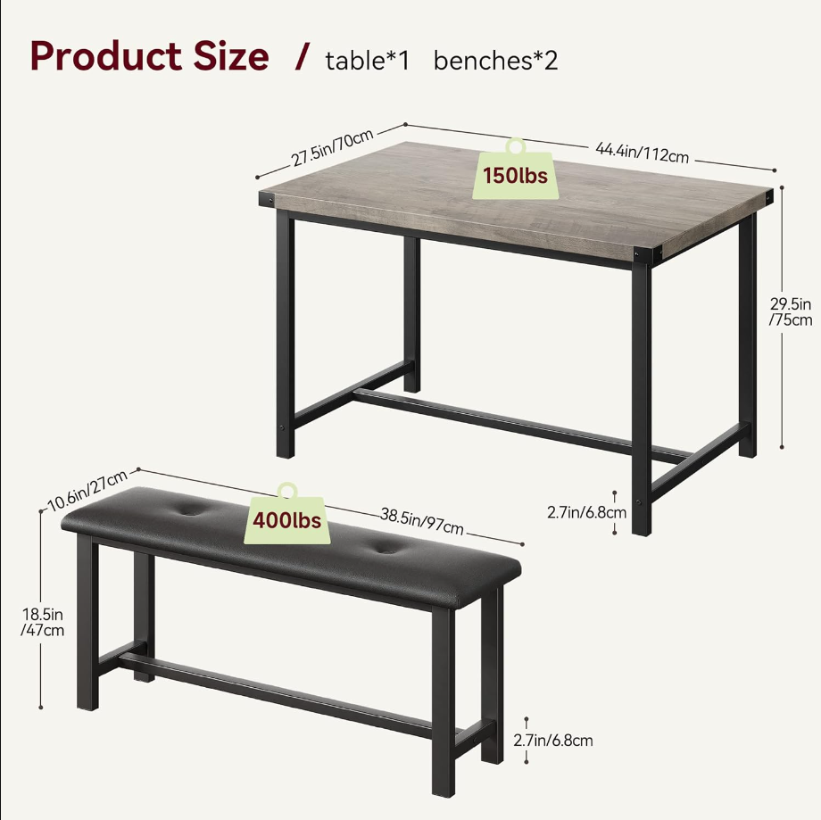 Kitchen Table with Benches, Dining Table Set for 4, Rectangular Dining Room Table Set with 2 Upholstered Benches, 3 Piece Kitchen Table Set for Small Space, Apartment, Studio, Retro Gray