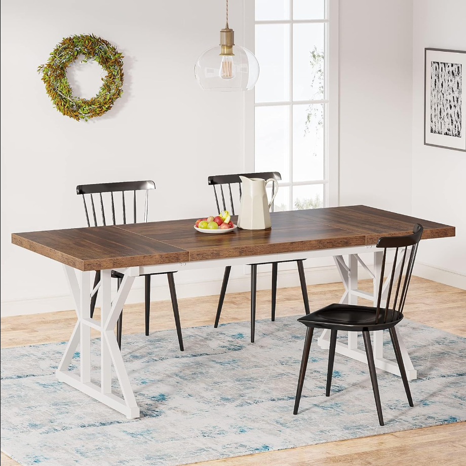 Farmhouse Dining Table for 6 People, 70.8-Inch Rectangular Wood Dining Table, Rustic Kitchen Table with Heavy Duty Metal Legs for Dining Room (BrownWhite)