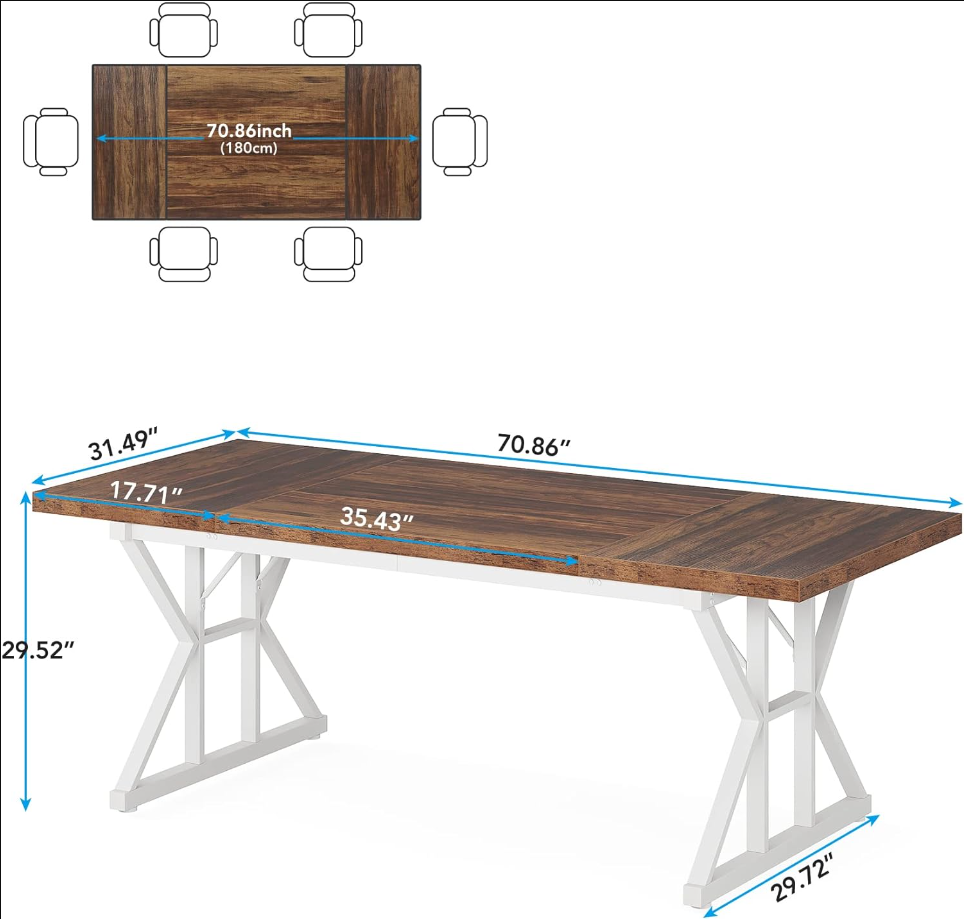 Farmhouse Dining Table for 6 People, 70.8-Inch Rectangular Wood Dining Table, Rustic Kitchen Table with Heavy Duty Metal Legs for Dining Room (BrownWhite)