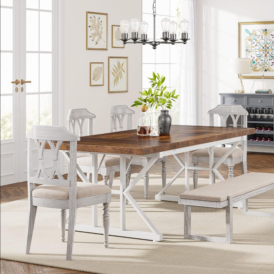 Farmhouse Dining Table for 6 People, 70.8-Inch Rectangular Wood Dining Table, Rustic Kitchen Table with Heavy Duty Metal Legs for Dining Room (BrownWhite)