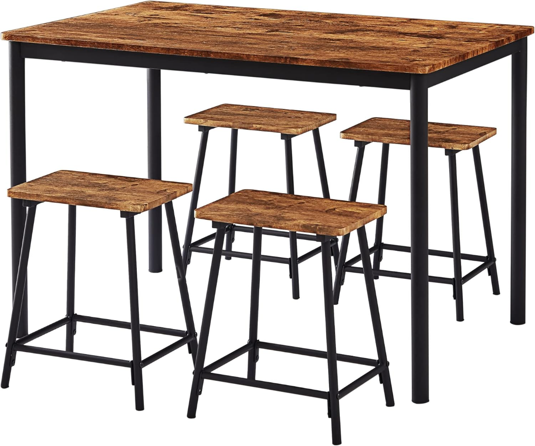 5 Piece Dining Table Set for 4-6 Persons Rectangular Bar Dinette Metal and Wood Kitchen Furniture with 4 Stools for Breakfast Nook, Restaurant, Living Room, Space Saving, Industrial Brown