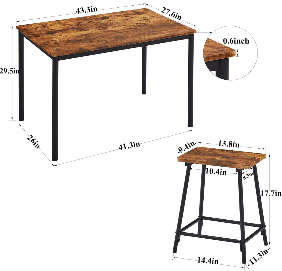5 Piece Dining Table Set for 4-6 Persons Rectangular Bar Dinette Metal and Wood Kitchen Furniture with 4 Stools for Breakfast Nook, Restaurant, Living Room, Space Saving, Industrial Brown
