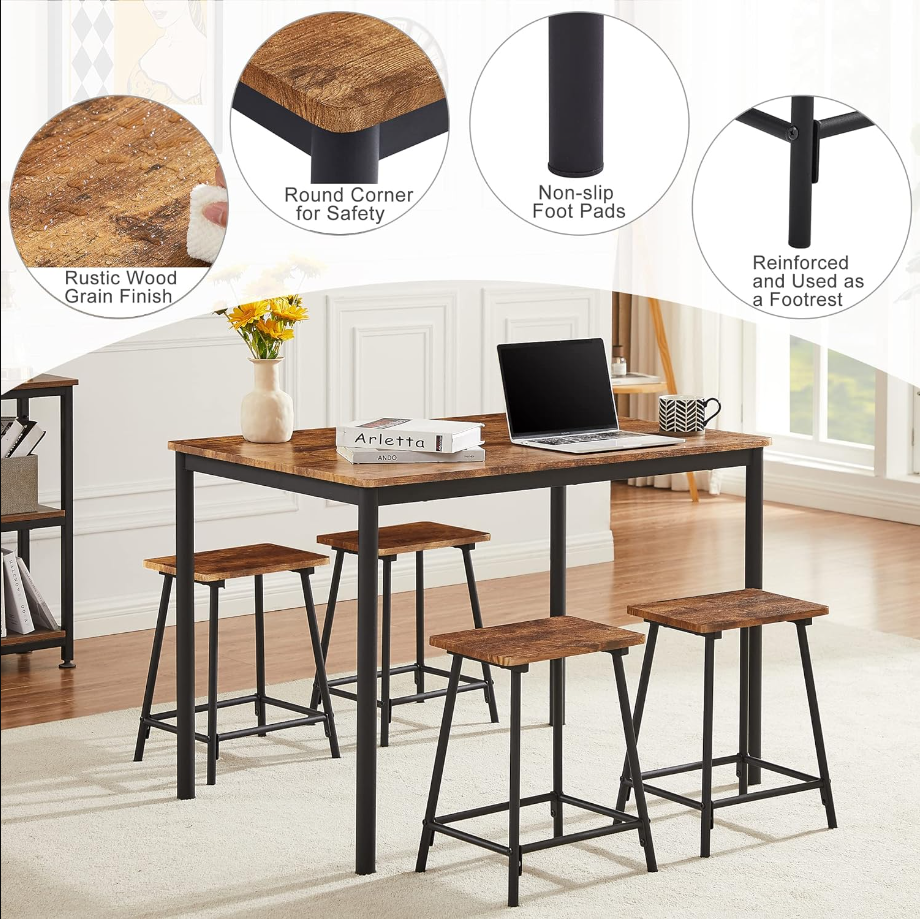 5 Piece Dining Table Set for 4-6 Persons Rectangular Bar Dinette Metal and Wood Kitchen Furniture with 4 Stools for Breakfast Nook, Restaurant, Living Room, Space Saving, Industrial Brown