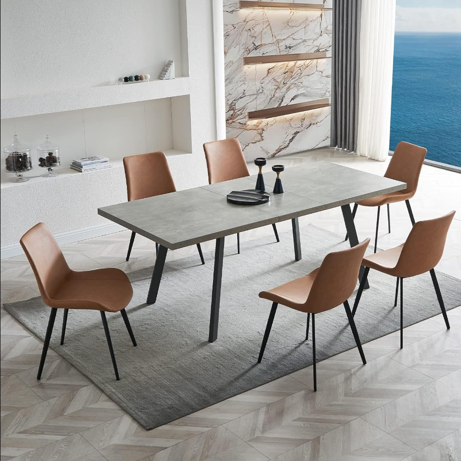 Dining Table Set for 6, Mid-Century Kitchen Table Set for 8-10 Person for Dining Room, Steel Legs