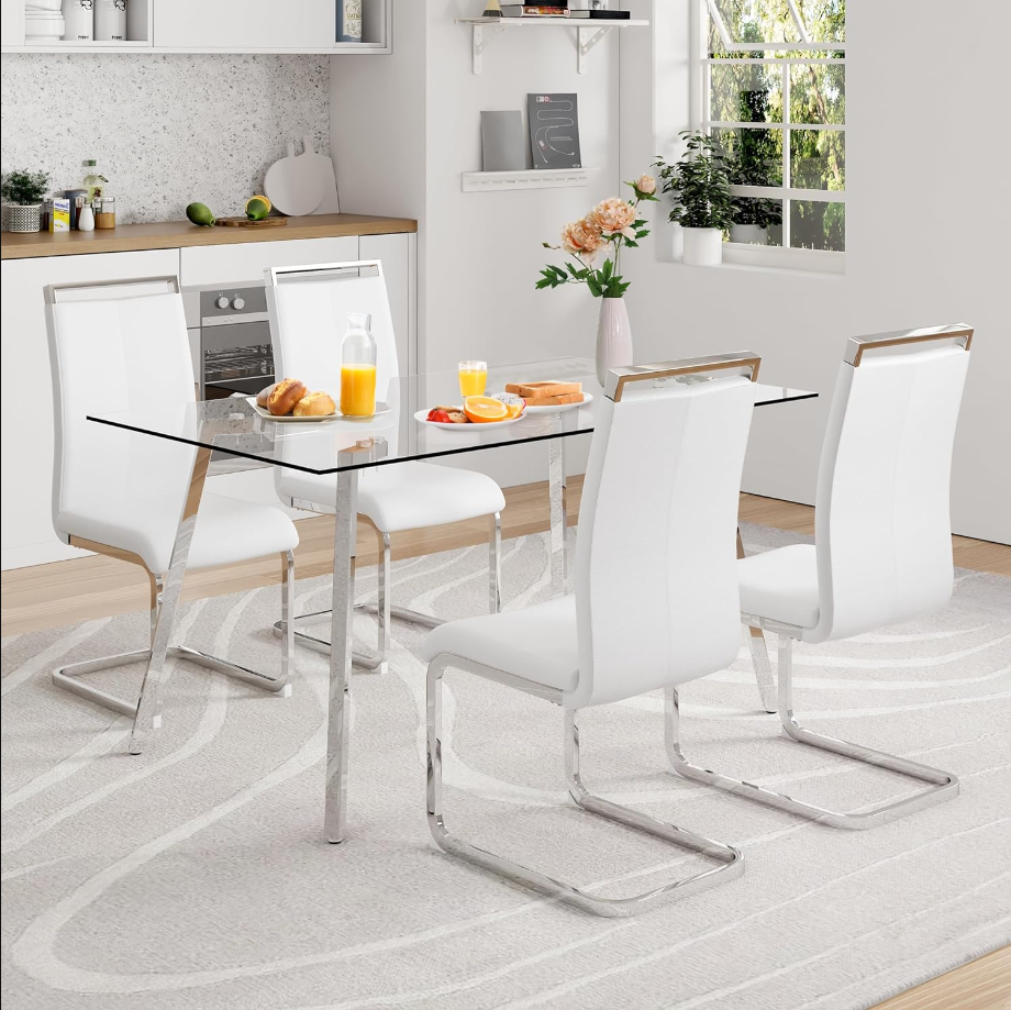 Glass Dining Table Set for 4,Rectangle Dinner Table with 4 White Leather Kitchen Chairs,51 in Kitchen Room Dining Set,0.31” Tempered Glass Table Top with Silver Metal Legs,4 Dining Chairs