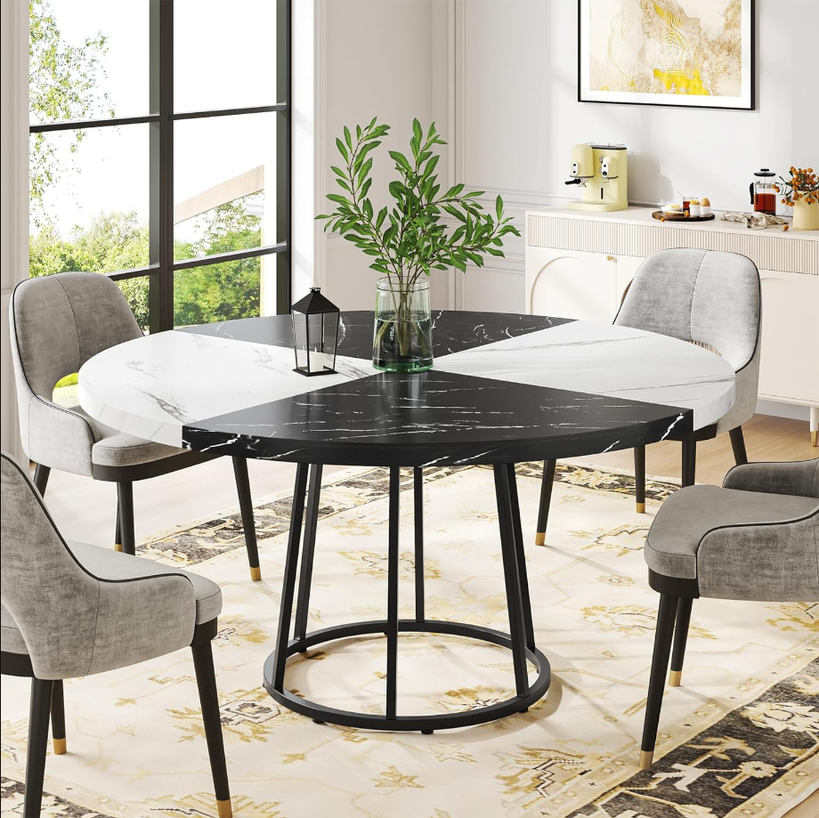 47 inch Dining Table for Dining Room, 4 People Round Dinner Tables with Faux Marble Top Heavy Duty Metal Circle Pedestal for Living Room Kitchen, Black White(Chair not Included)