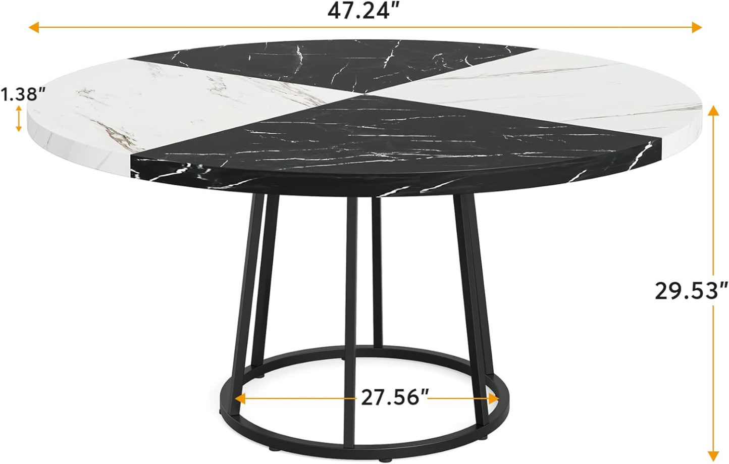 47 inch Dining Table for Dining Room, 4 People Round Dinner Tables with Faux Marble Top Heavy Duty Metal Circle Pedestal for Living Room Kitchen, Black White(Chair not Included)