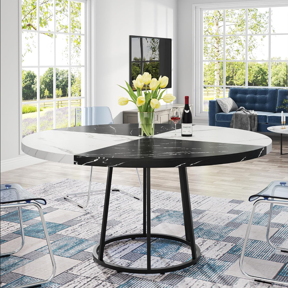 47 inch Dining Table for Dining Room, 4 People Round Dinner Tables with Faux Marble Top Heavy Duty Metal Circle Pedestal for Living Room Kitchen, Black White(Chair not Included)