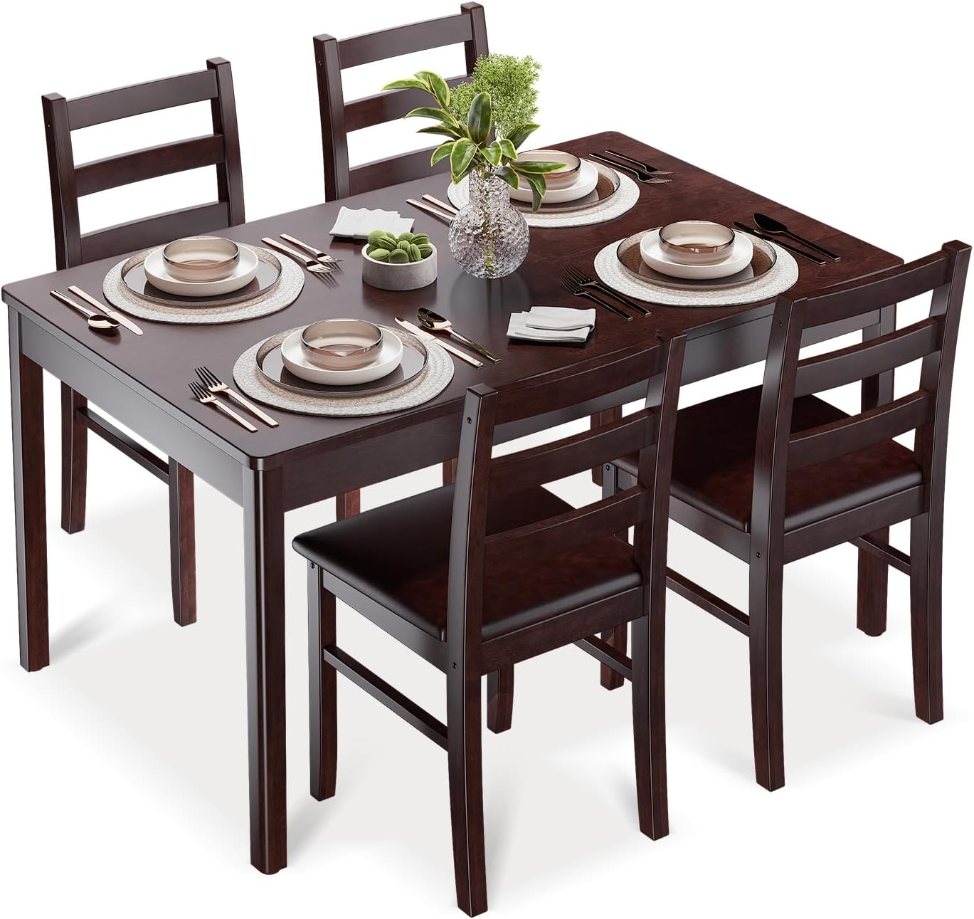 Dining Table Set for 4, Compact Kitchen Table and Chairs for Home and Apartment, 5-Piece Farmhouse Wood Kitchen and Dining Room Table Set, Easy Assembly