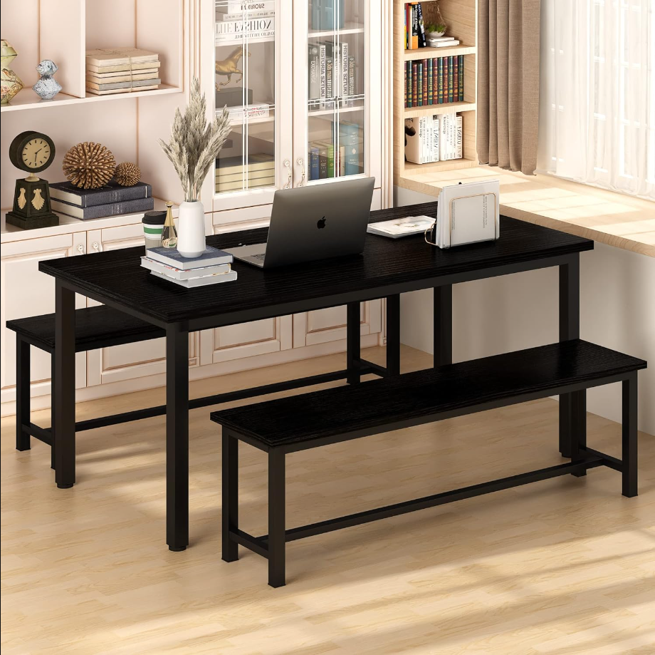 Kitchen Table Set with 2 Benches 4 Person Dining Room Table Set for Home Kitchen, Dining Room, Restaurant, Space Saving, 47.2inch Table and 41.3inch Bench, Black