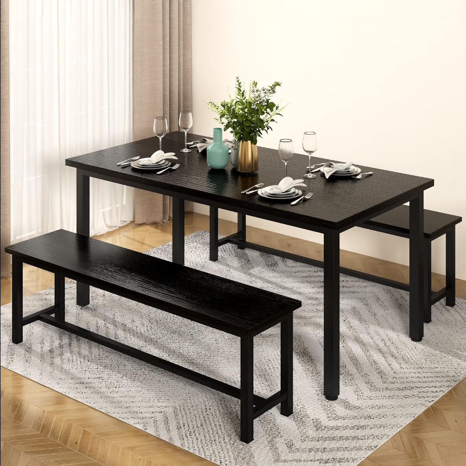 Kitchen Table Set with 2 Benches 4 Person Dining Room Table Set for Home Kitchen, Dining Room, Restaurant, Space Saving, 47.2inch Table and 41.3inch Bench, Black