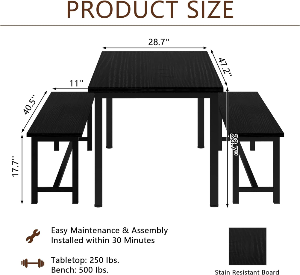 Kitchen Table Set with 2 Benches 4 Person Dining Room Table Set for Home Kitchen, Dining Room, Restaurant, Space Saving, 47.2inch Table and 41.3inch Bench, Black