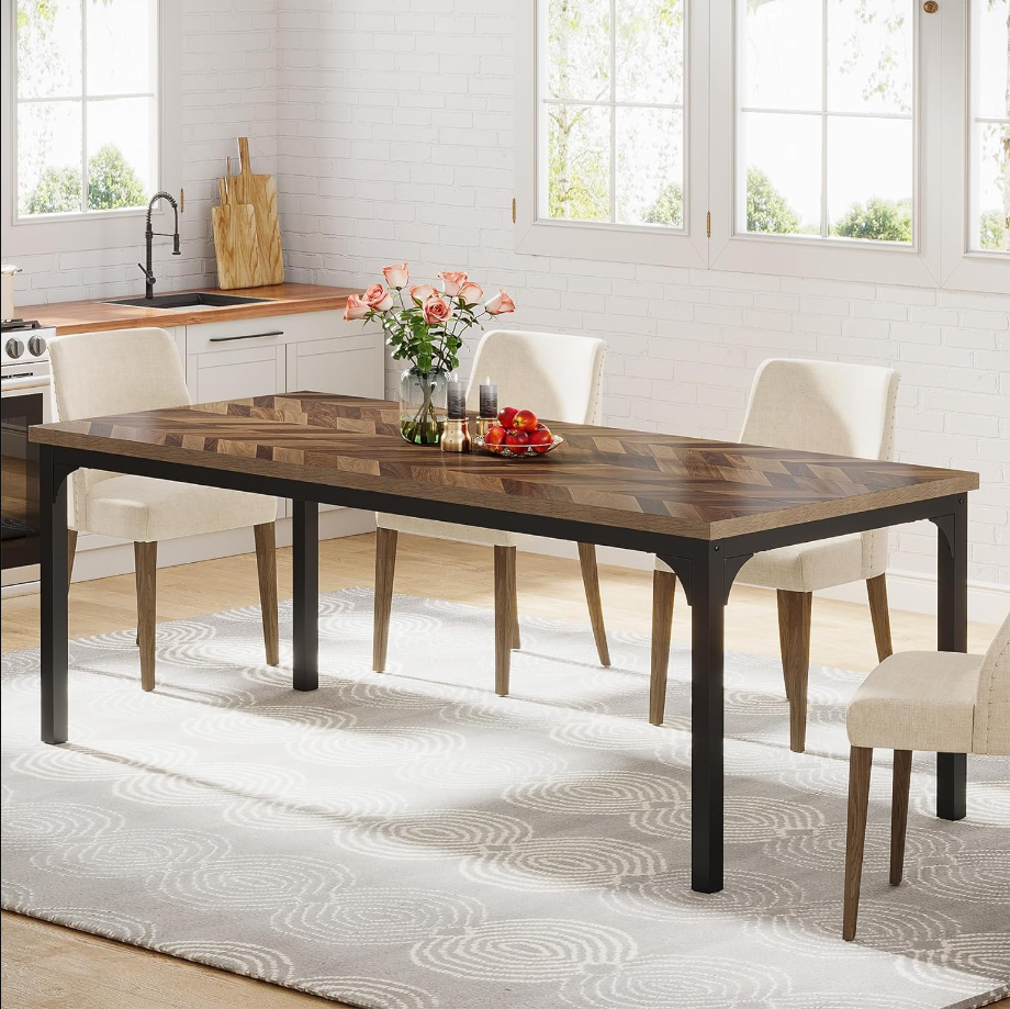 Farmhouse Dining Table for 6-8, 70.9 Inch Rectangular Wood Kitchen Table with Heavy Duty Metal Legs, Industrial Dinner Table for Dining Room, Living Room, Brown