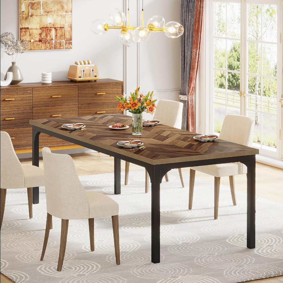 Farmhouse Dining Table for 6-8, 70.9 Inch Rectangular Wood Kitchen Table with Heavy Duty Metal Legs, Industrial Dinner Table for Dining Room, Living Room, Brown
