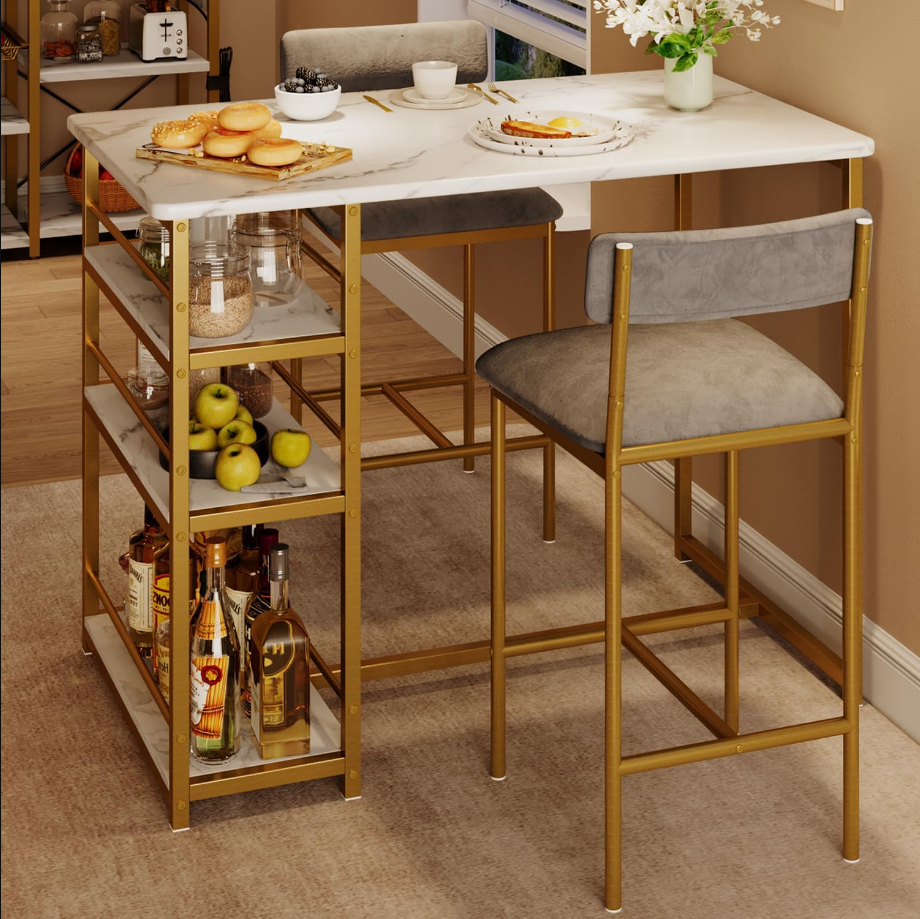 Dining Table Set for 2, Kitchen Table and Upholstered Chairs for 2, 3 Piece Counter Height Bar Kitchen Table Set with 3 Storage Shelves for Small Space, Apartment, Velvet Gray and Gold White