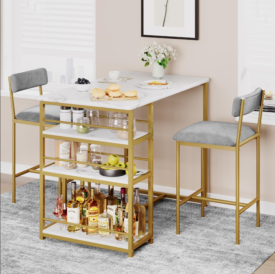 Dining Table Set for 2, Kitchen Table and Upholstered Chairs for 2, 3 Piece Counter Height Bar Kitchen Table Set with 3 Storage Shelves for Small Space, Apartment, Velvet Gray and Gold White