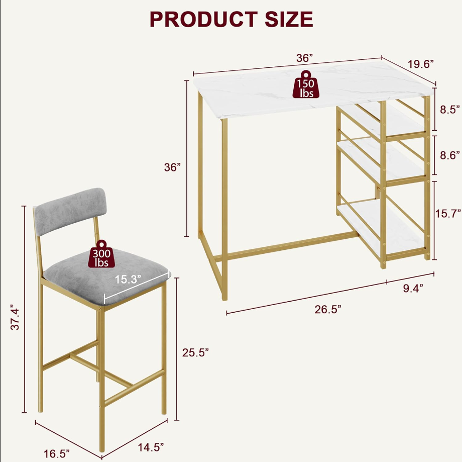 Dining Table Set for 2, Kitchen Table and Upholstered Chairs for 2, 3 Piece Counter Height Bar Kitchen Table Set with 3 Storage Shelves for Small Space, Apartment, Velvet Gray and Gold White